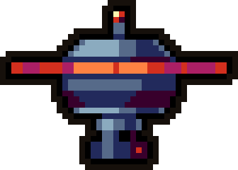 A round blue pixel-art drone with a red stripe and a small antenna
