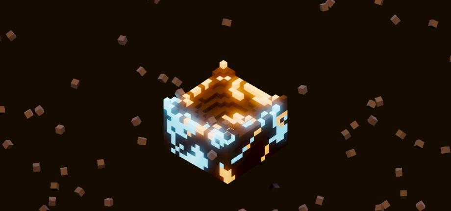 A dug-open voxel cube with glowing orange and blue ore veins, floating in the dark with small rocks around it