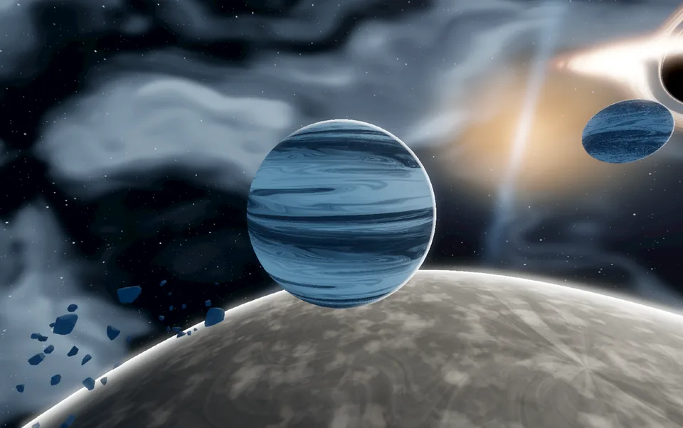 A striped blue planet hanging over a grey moon, a black hole glowing at the top right