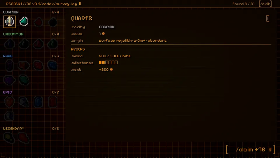 The codex, an orange console listing the materials found so far, quartz selected