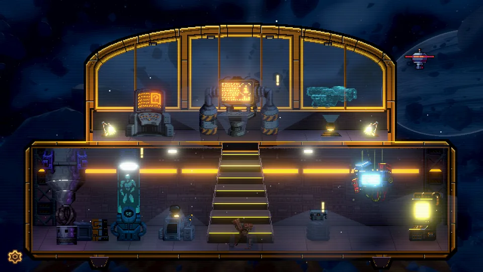 The inside of a small pixel-art spaceship: an orange-lit bridge with a console, and a lower deck with machines and a glowing tank
